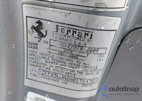 2010 Ferrari California из США, поврежденный, VIN ZFF65LJA2A0171436